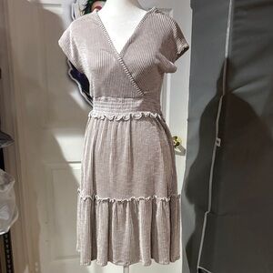 Caution To The Wind NWT Sz M Brown &Cream Striped V-Neck Ruffle Dress